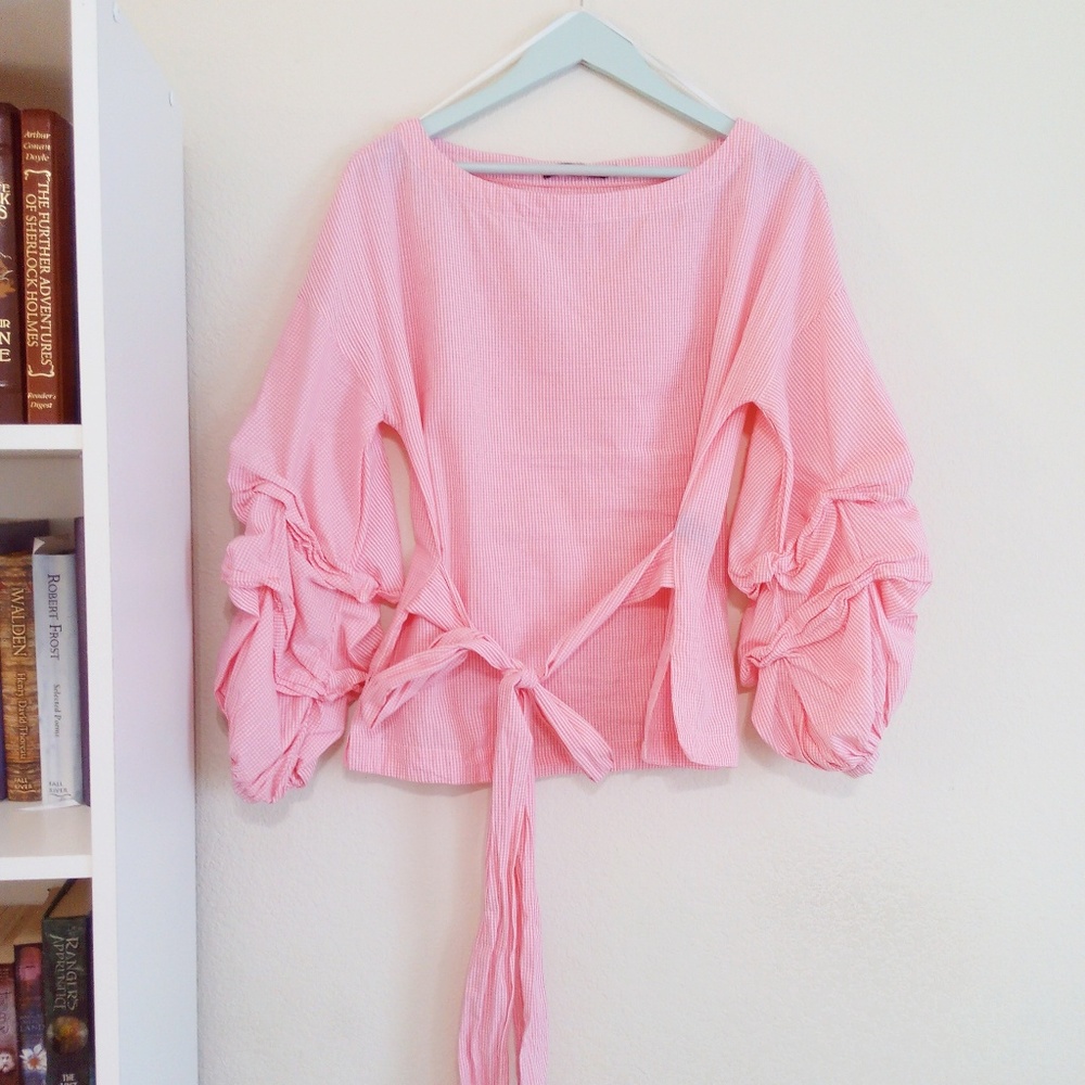 Max Jeans Pink Wrap Puffy Ruffle Sleeves Blouse